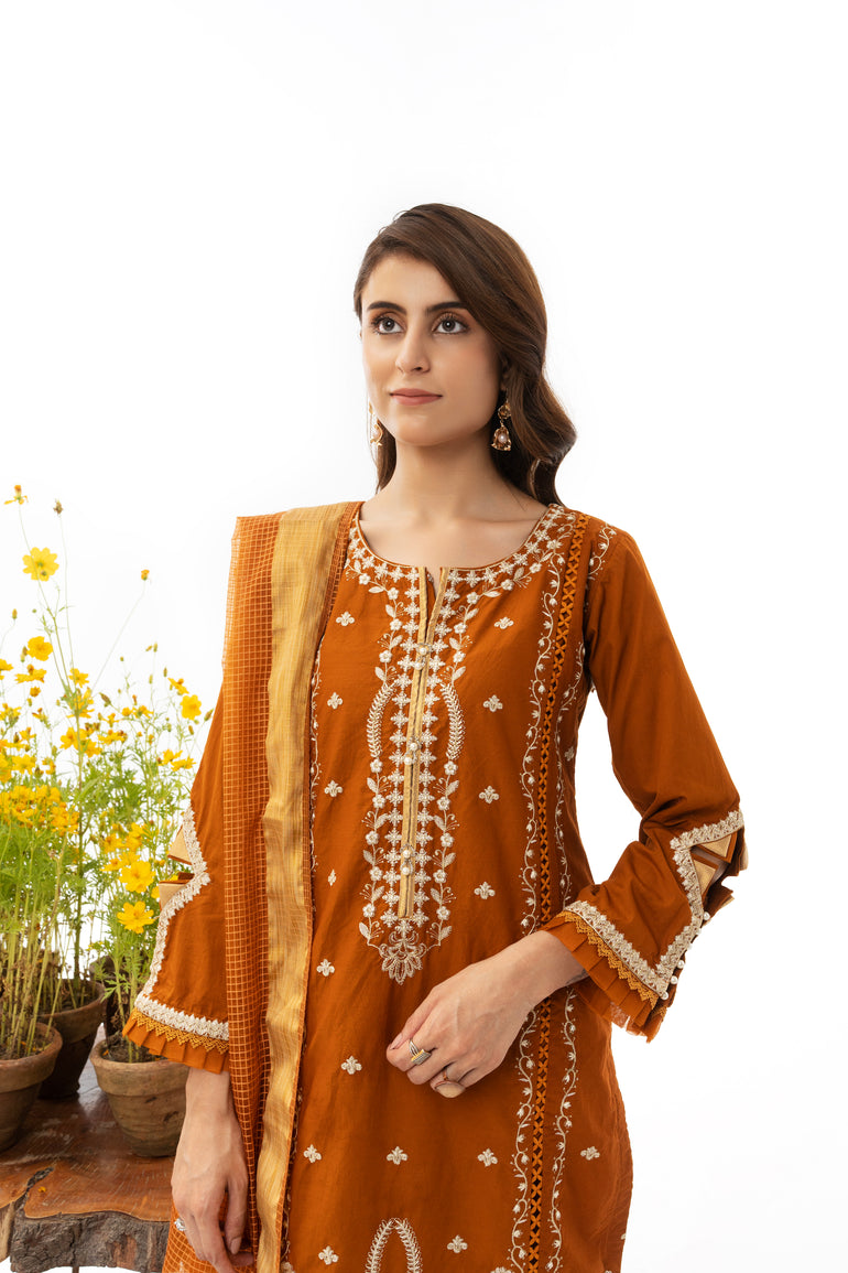 Luxury Pret Fabric Embroidered Cotton 3 PIECE - EMBROIDERED COTTON SUIT BY ARFA RIWAJ SUMMER 2023