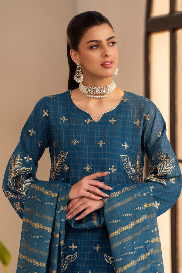3 Piece Blue Grid Lawn Suit Pret - AR-3666 - ARFARIWAJ