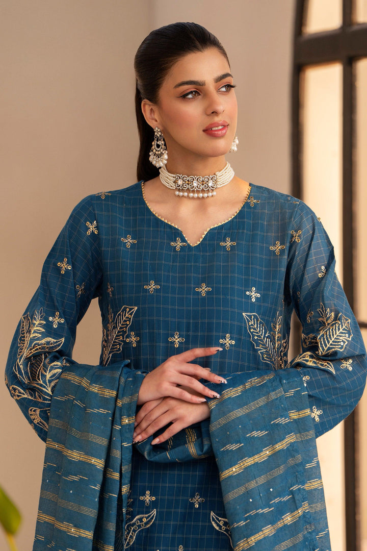 3 Piece Blue Grid Lawn Suit Pret - AR-3666 - ARFARIWAJ