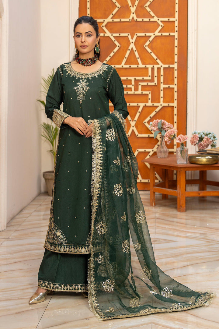 3 Piece Bottle Green Thai Silk Suit Pret - AR-3511 - ARFARIWAJ