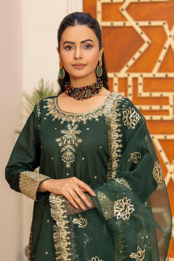3 Piece Bottle Green Thai Silk Suit Pret - AR-3511 - ARFARIWAJ