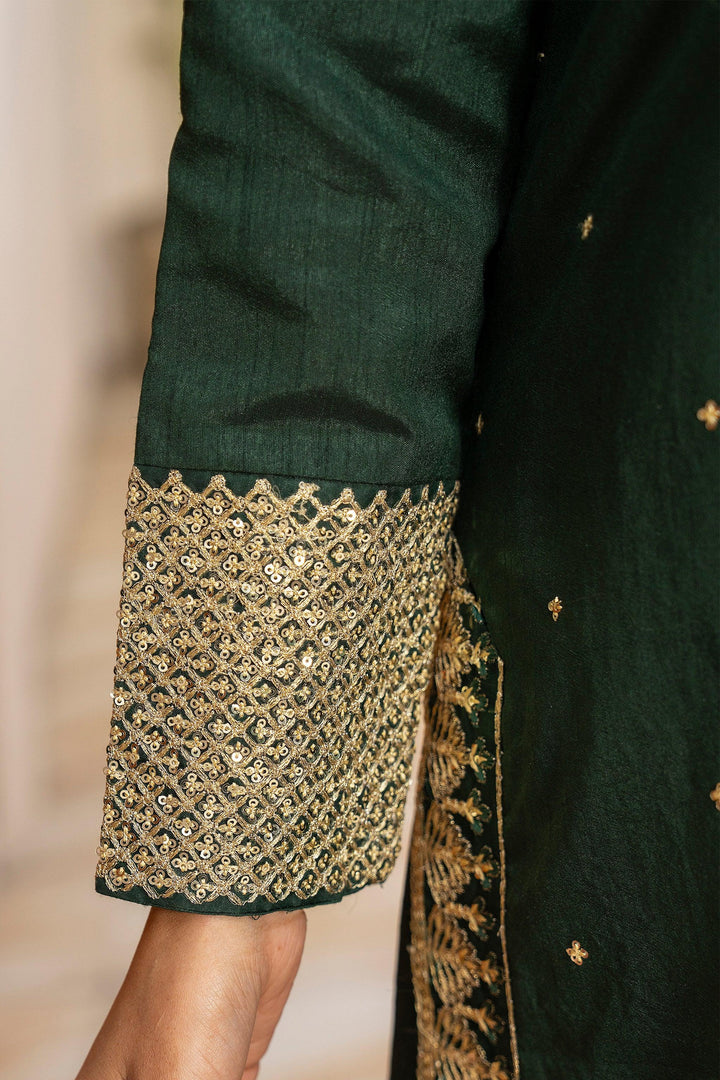 3 Piece Bottle Green Thai Silk Suit Pret - AR-3511 - ARFARIWAJ