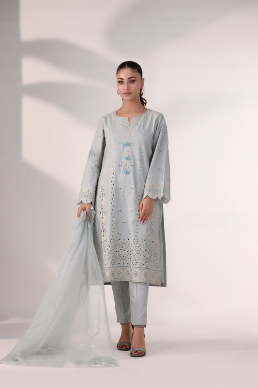 3 Piece Grey Embroidered Suit Luxury Pret - AR-3356-Saga - ARFARIWAJ