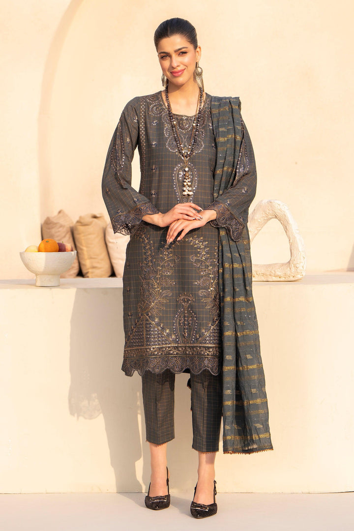 3 Piece Greyish Blue Grid Lawn Suit Pret - AR-3653 - ARFARIWAJ