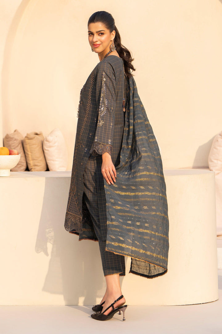 3 Piece Greyish Blue Grid Lawn Suit Pret - AR-3653 - ARFARIWAJ