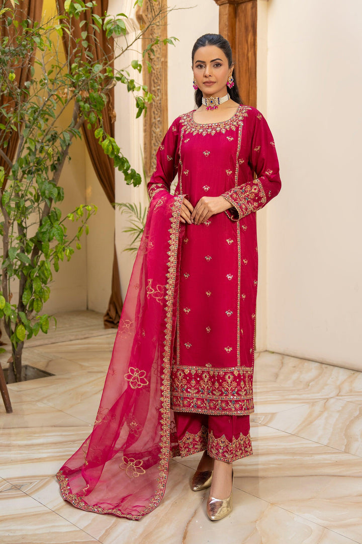 3 Piece Hot Pink Thai Silk Suit Pret - AR-3425 - ARFARIWAJ
