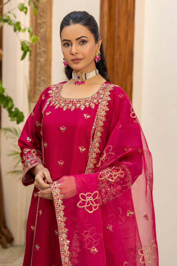 3 Piece Hot Pink Thai Silk Suit Pret - AR-3425 - ARFARIWAJ