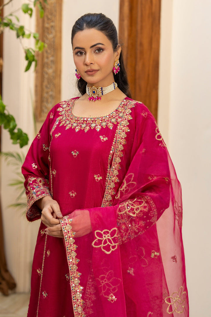 3 Piece Hot Pink Thai Silk Suit Pret - AR-3425 - ARFARIWAJ