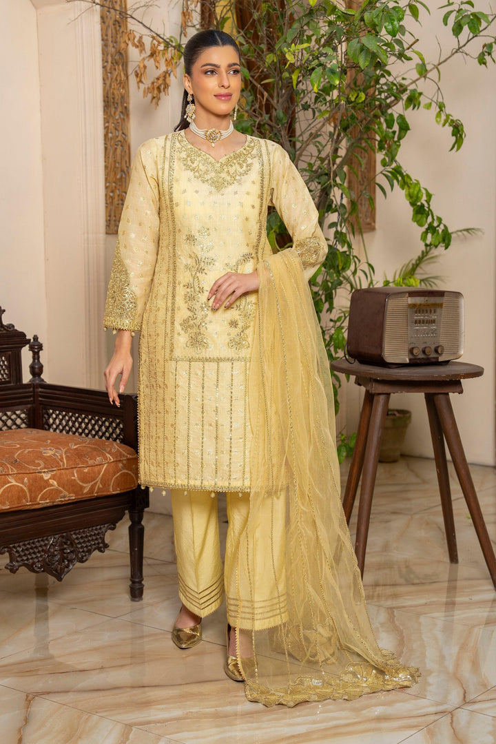 3 Piece Lemon Yellow Zari Jacquard Suit Pret - AR-3687 - ARFARIWAJ