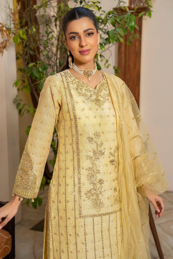 3 Piece Lemon Yellow Zari Jacquard Suit Pret - AR-3687 - ARFARIWAJ