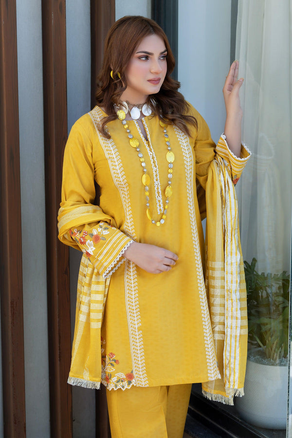 3 Piece Mustard Self Jacquard Suit Pret - AR-3613 - ARFARIWAJ
