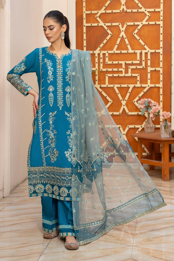 3 Piece Ocean Blue Thai Silk Suit Pret - AR-3460 - ARFARIWAJ