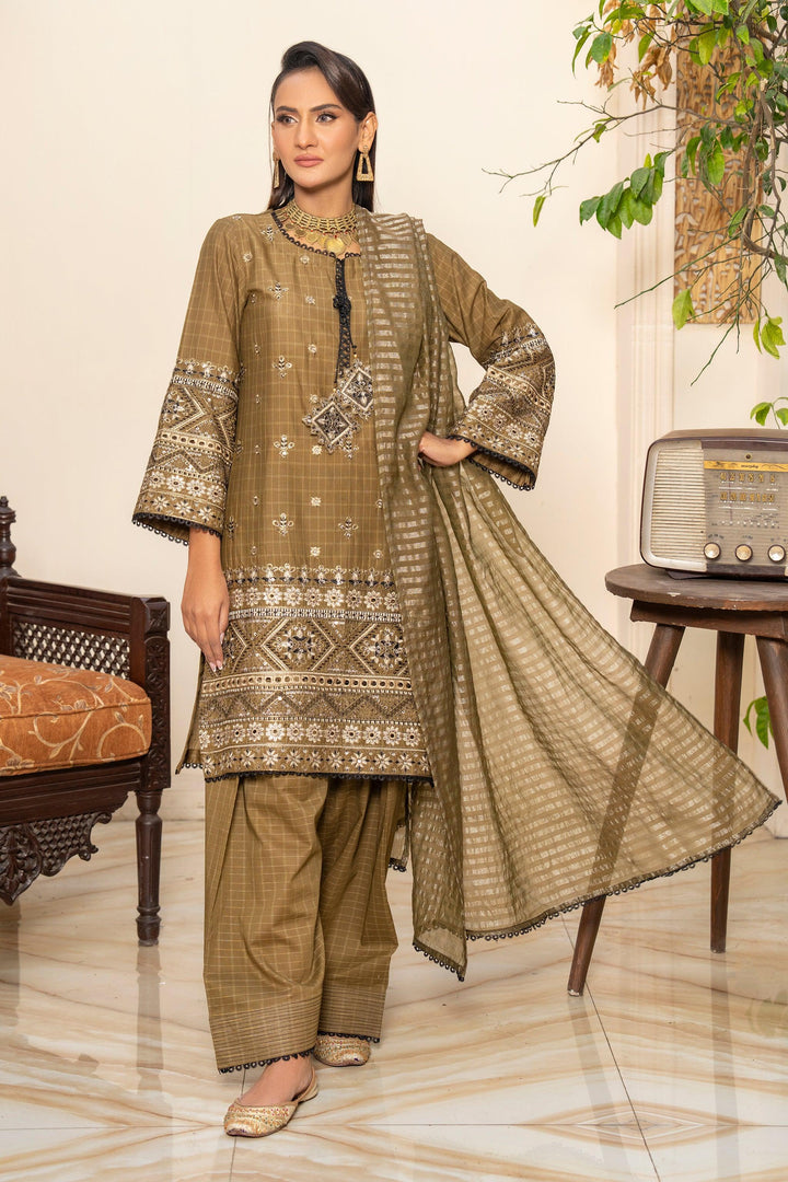 3 Piece Olive Green Grid Lawn Suit Pret - AR-3668 - ARFARIWAJ