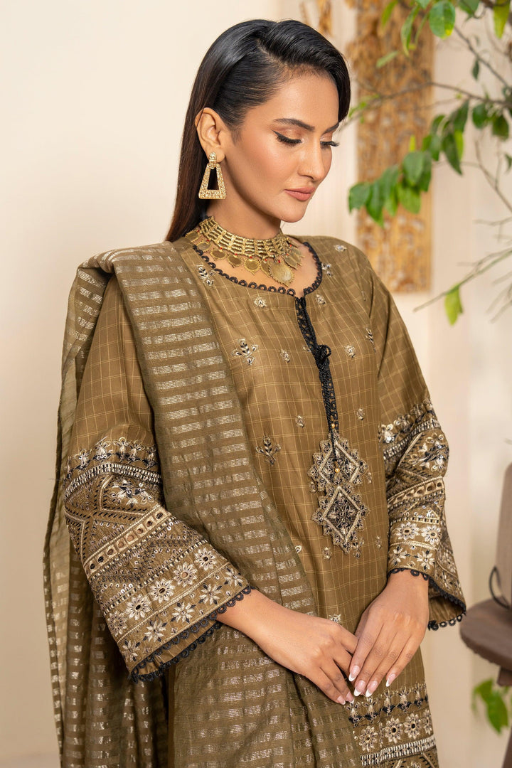 3 Piece Olive Green Grid Lawn Suit Pret - AR-3668 - ARFARIWAJ