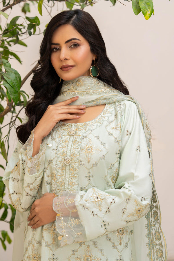 3 Piece Pastel Pistachio Thai Silk Suit Pret - AR-3445 - ARFARIWAJ
