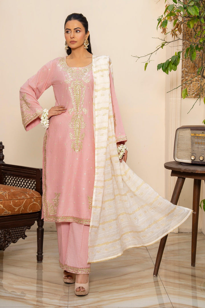 3 Piece Pink Grid Suit Pret - AR-3657 - ARFARIWAJ
