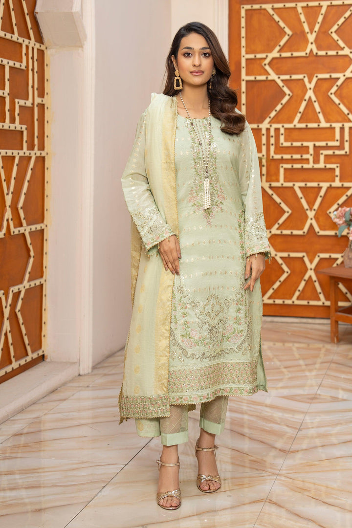 3 Piece Pistachio Green Zari Jacquard Suit Pret - AR-3672 - ARFARIWAJ