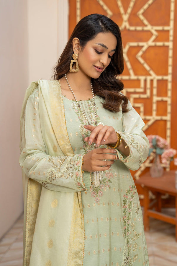 3 Piece Pistachio Green Zari Jacquard Suit Pret - AR-3672 - ARFARIWAJ