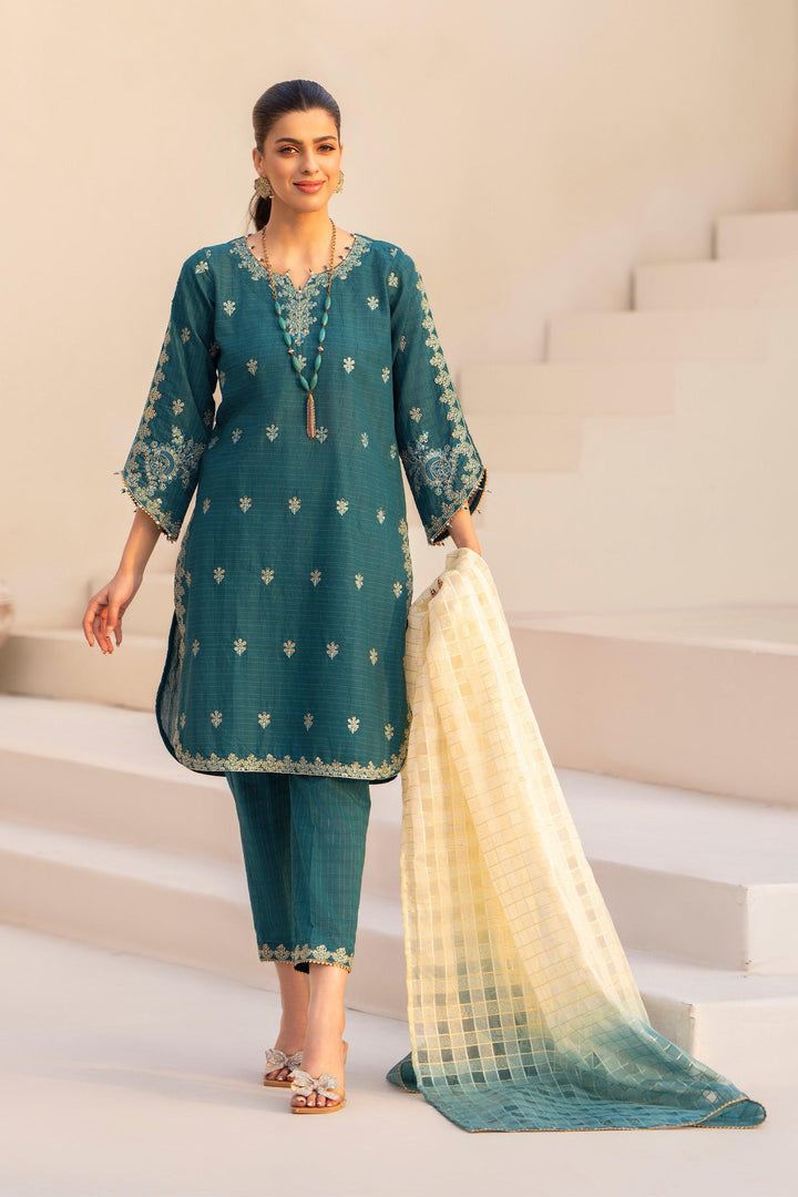 3 Piece Teal Blue Grid Lawn Suit Pret - AR-3616 - ARFARIWAJ