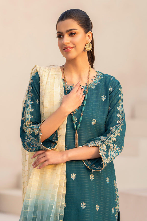 3 Piece Teal Blue Grid Lawn Suit Pret - AR-3616 - ARFARIWAJ