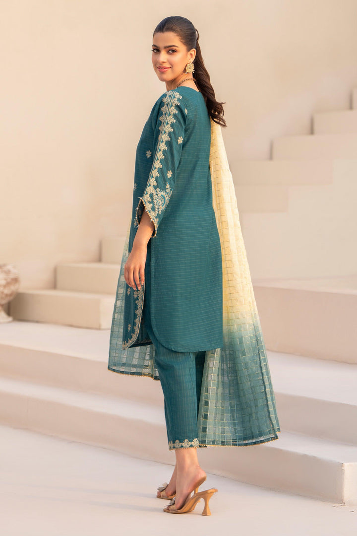 3 Piece Teal Blue Grid Lawn Suit Pret - AR-3616 - ARFARIWAJ
