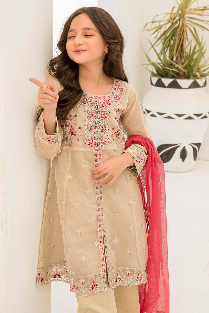 3 piece Beige Organza Suit Kids - K-559 - ARFARIWAJ