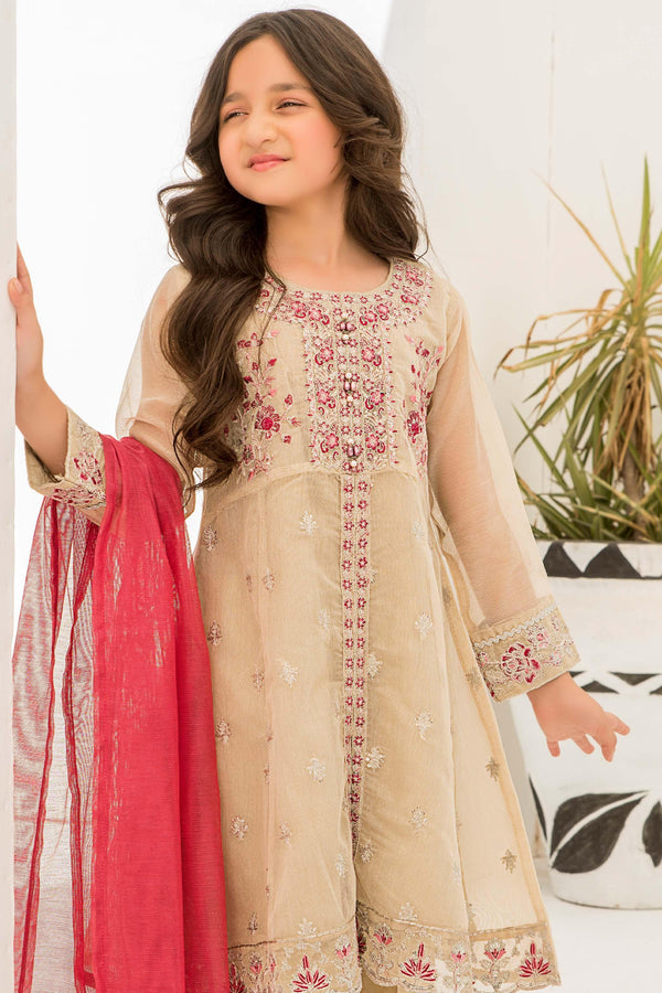 3 piece Beige Organza Suit Kids - K-559 - ARFARIWAJ