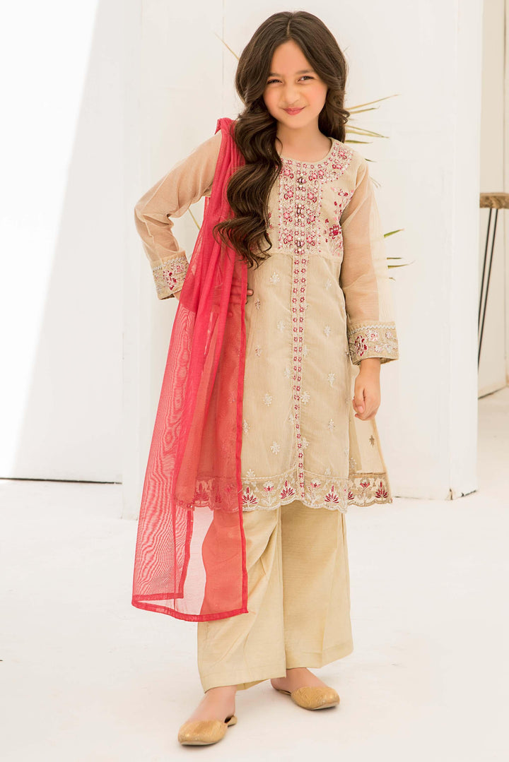 3 piece Beige Organza Suit Kids - K-559 - ARFARIWAJ