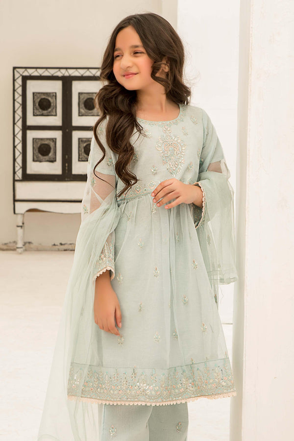 3 piece Mint Green Zari Net Suit Kids - K-575 - ARFARIWAJ