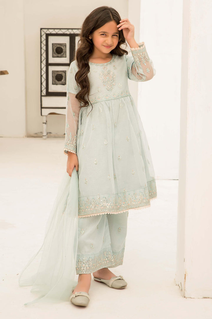 3 piece Mint Green Zari Net Suit Kids - K-575 - ARFARIWAJ