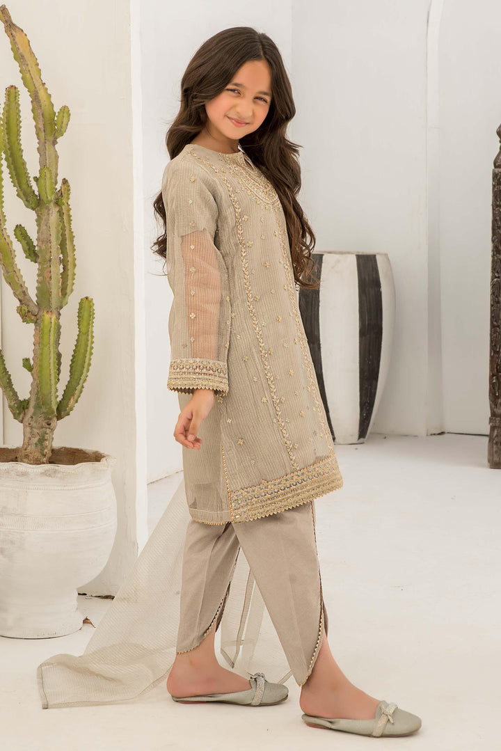 3 piece Pastel Grey Zari Organza Suit Kids - K-574 - ARFARIWAJ