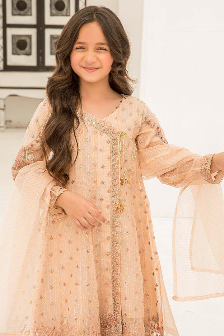 3 piece Peach Zari Organza Suit Kids - K-576 - ARFARIWAJ