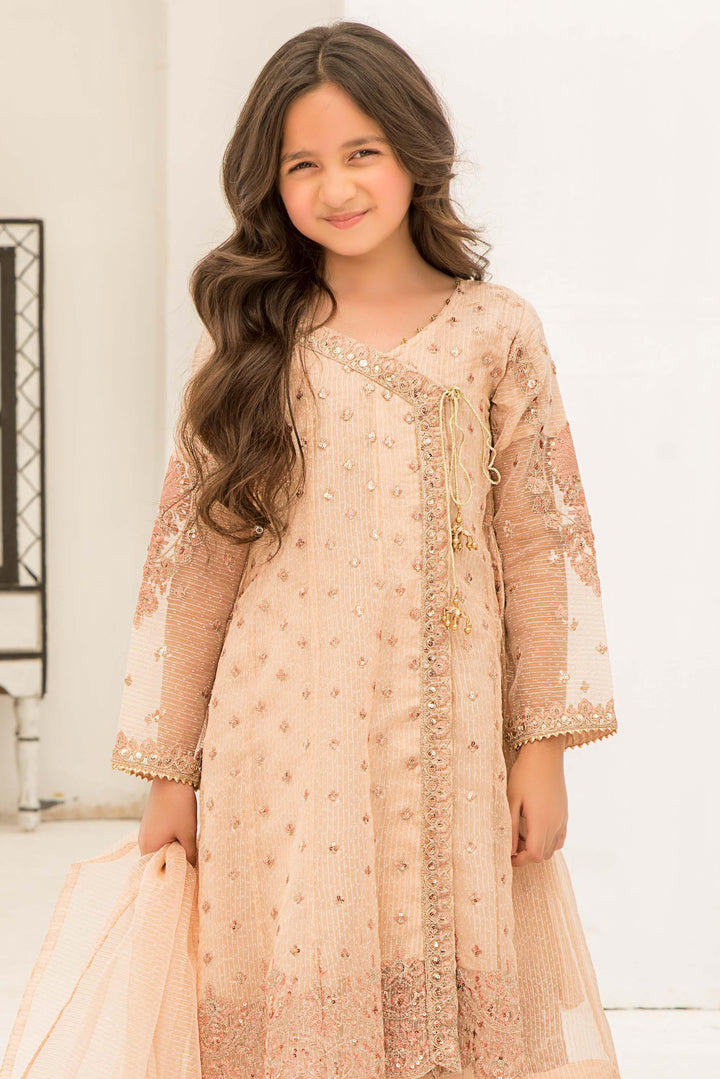 3 piece Peach Zari Organza Suit Kids - K-576 - ARFARIWAJ