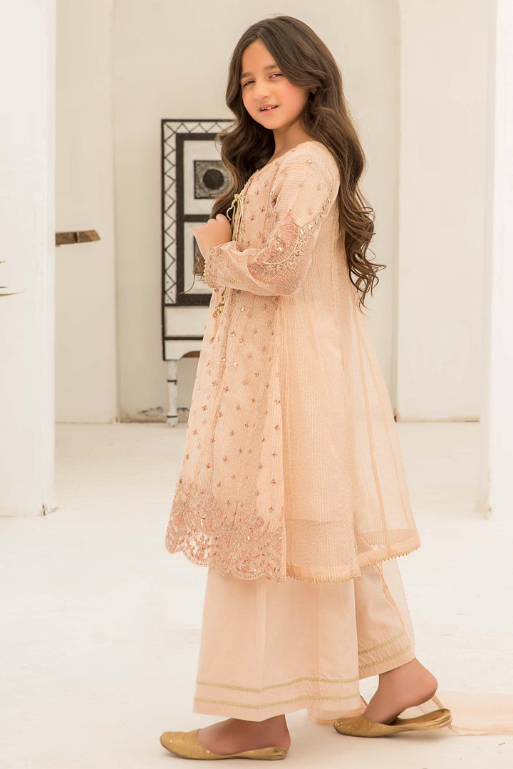 3 piece Peach Zari Organza Suit Kids - K-576 - ARFARIWAJ