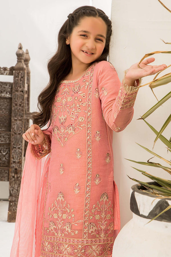 3 piece Pink Chickenkari Suit Kids - K-568 - ARFARIWAJ