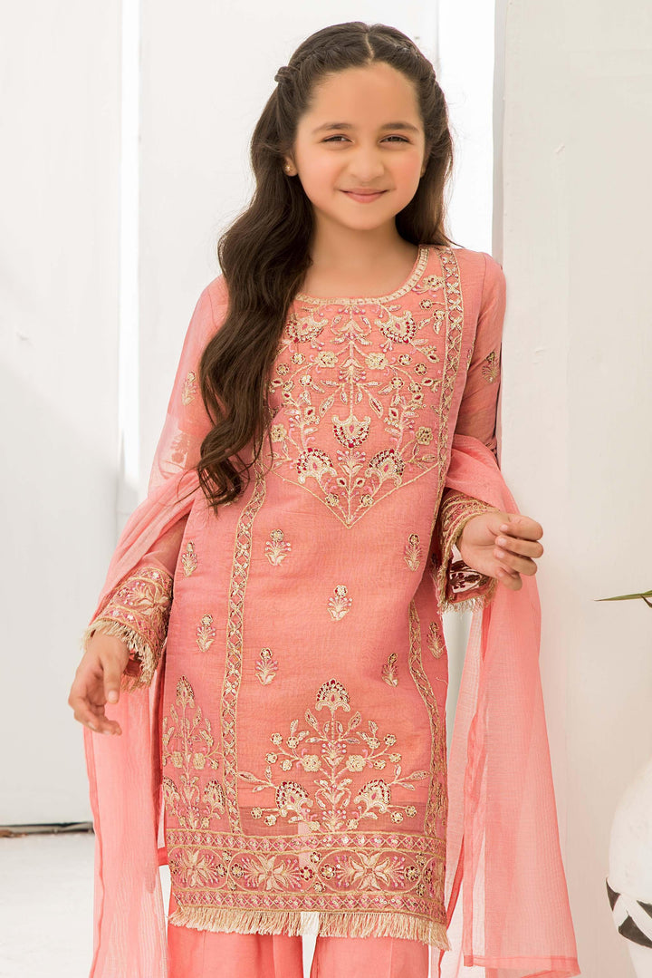 3 piece Pink Chickenkari Suit Kids - K-568 - ARFARIWAJ