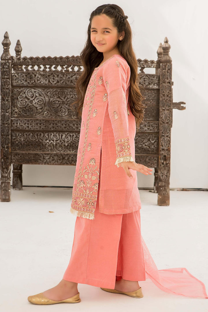3 piece Pink Chickenkari Suit Kids - K-568 - ARFARIWAJ