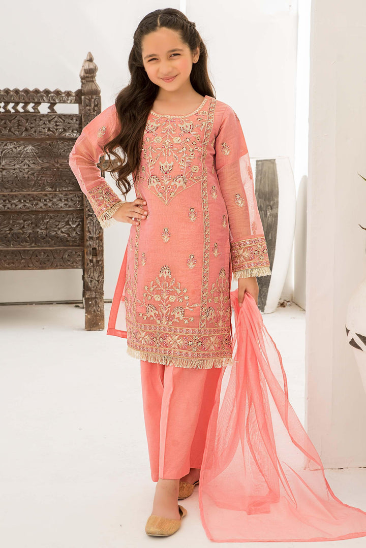 3 piece Pink Chickenkari Suit Kids - K-568 - ARFARIWAJ