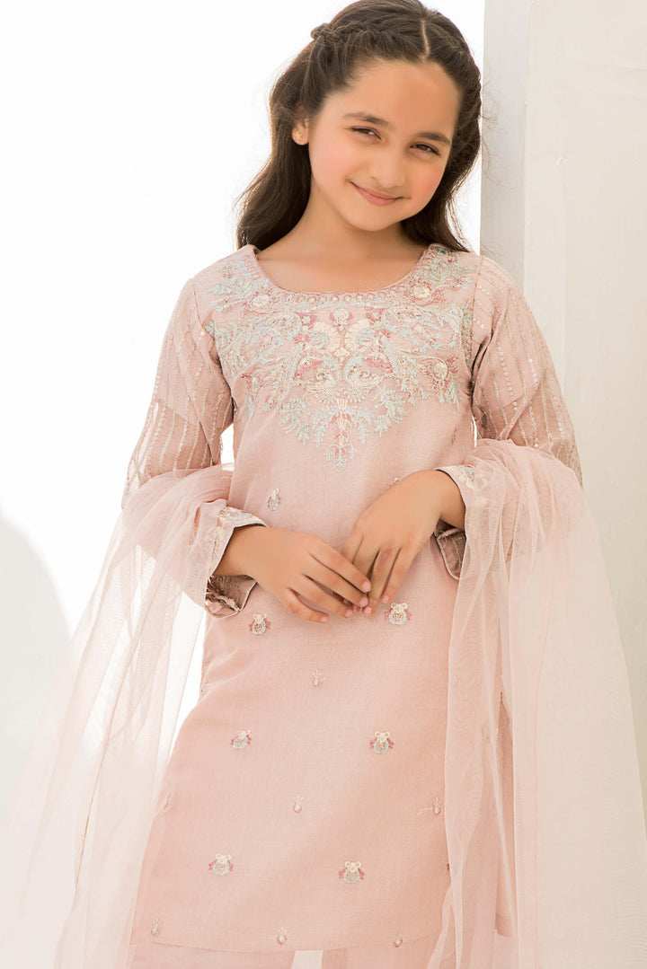 3 piece Pink Zari Net Suit Kids - K-572 - ARFARIWAJ