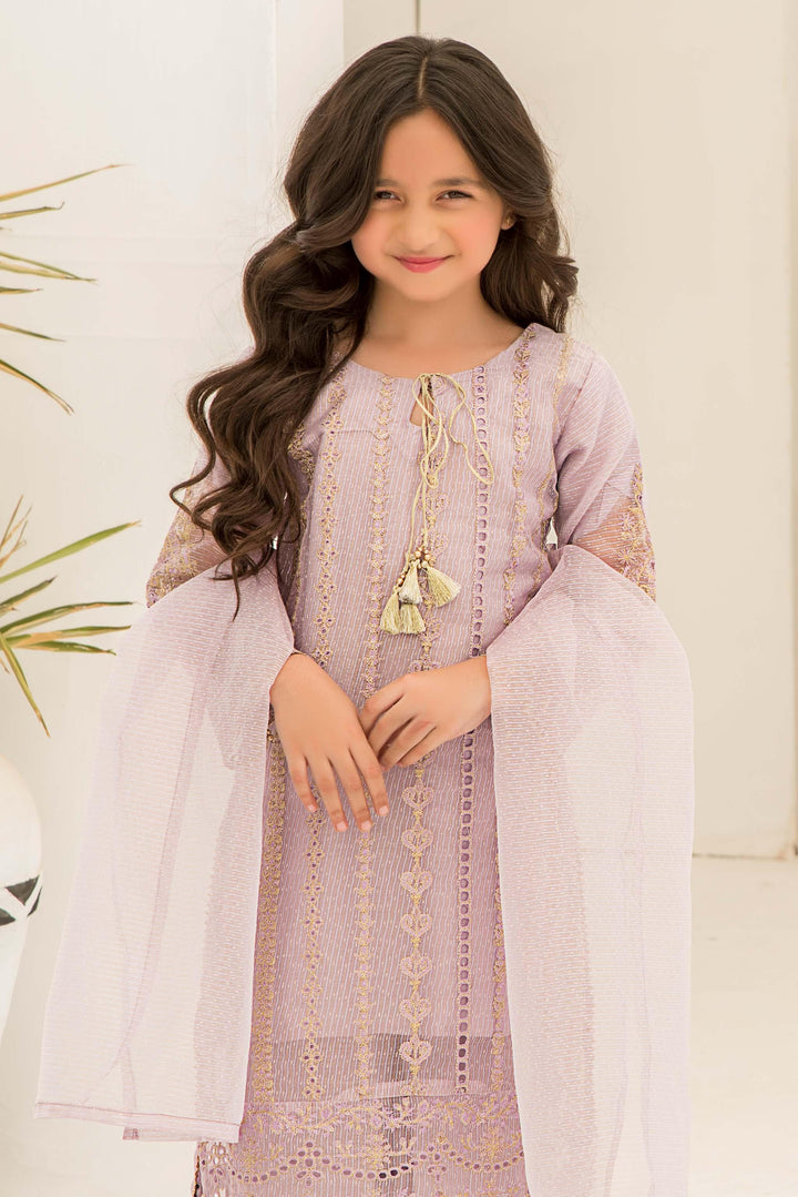 3 piece Purple Organza Suit Kids - K-569-Mauve - ARFARIWAJ