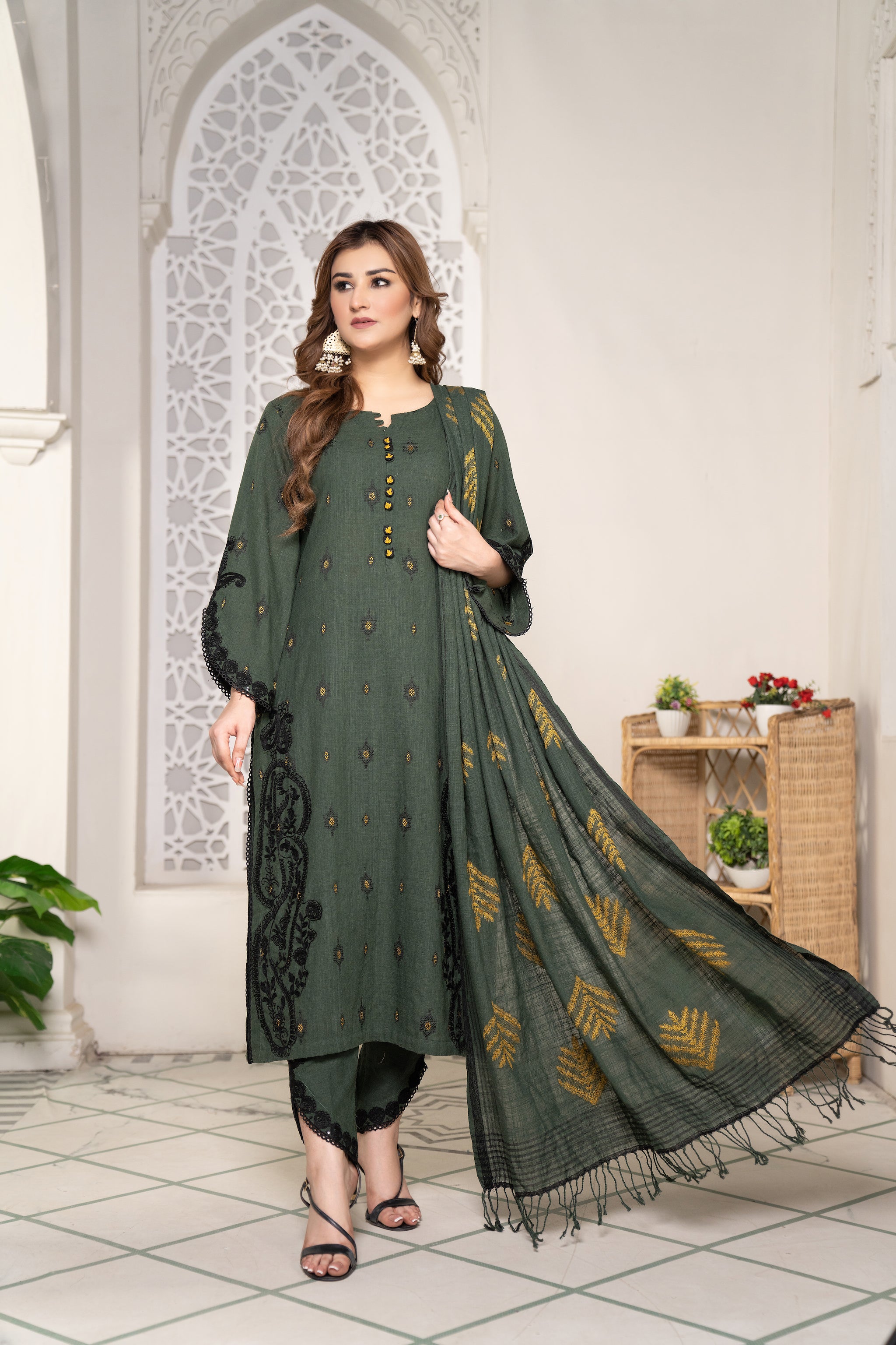 3 Piece Jacquard Khaddar Suit Embroidered Pret
