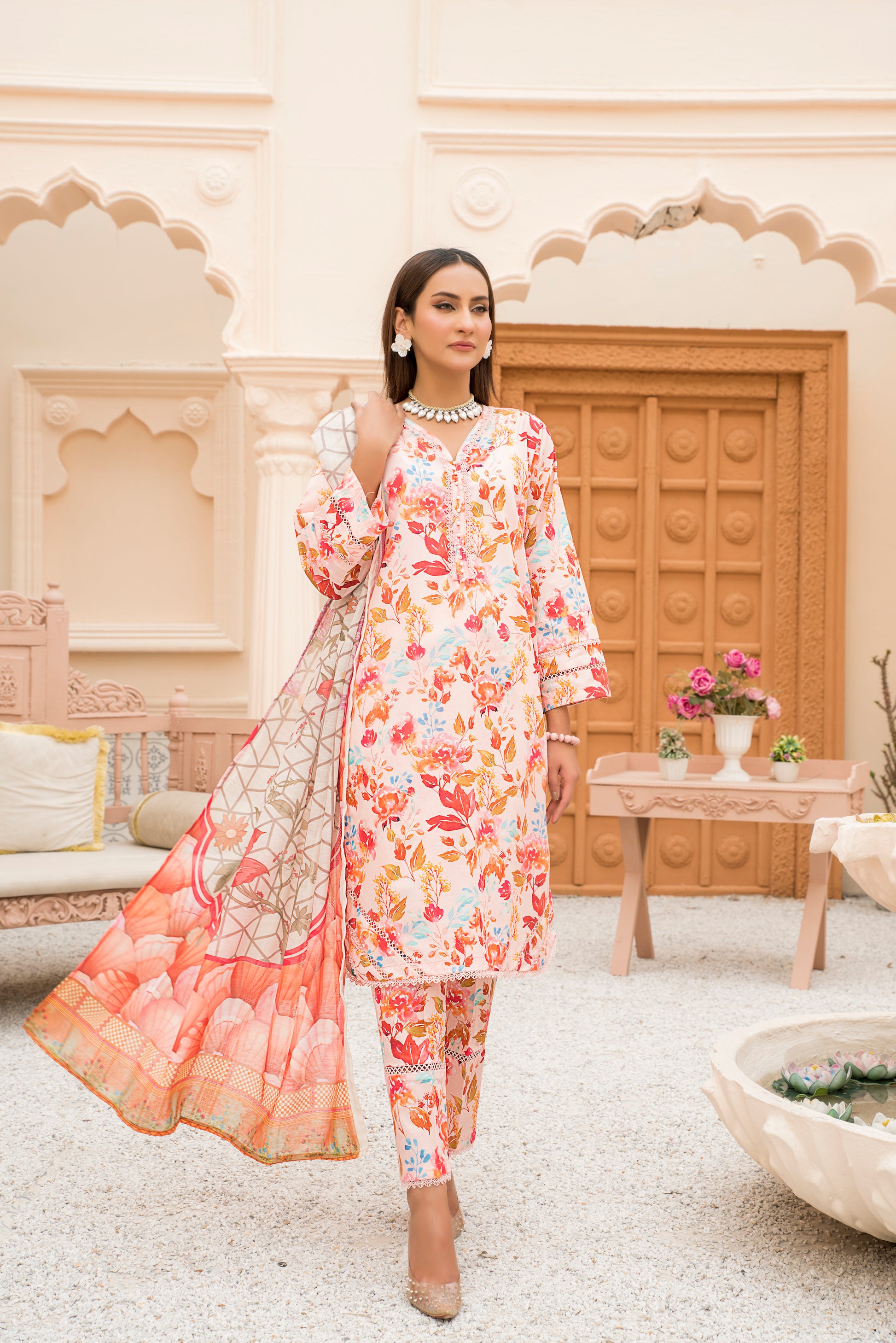 3 Piece Printed Lawn Suit Pret - AR-3226-Carnation - ARFARIWAJ