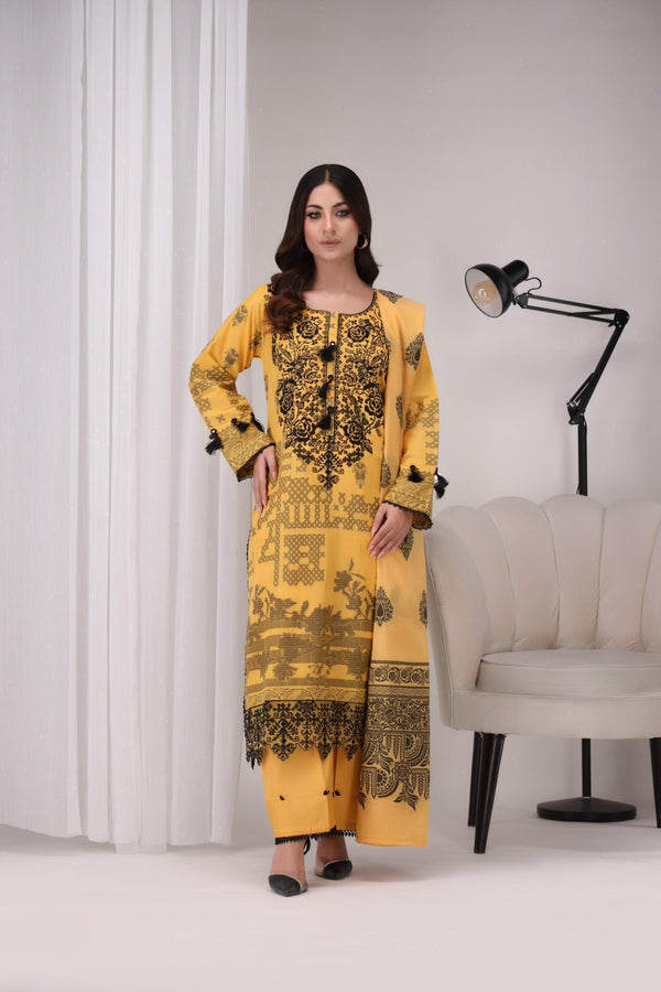 Yellow 3 Piece Cotton Suit Luxury Pret - AR-3187-kysari - ARFARIWAJ