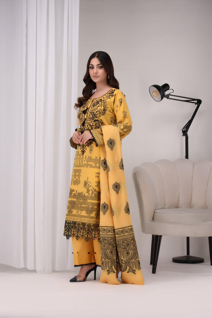 Yellow 3 Piece Cotton Suit Luxury Pret - AR-3187-kysari - ARFARIWAJ