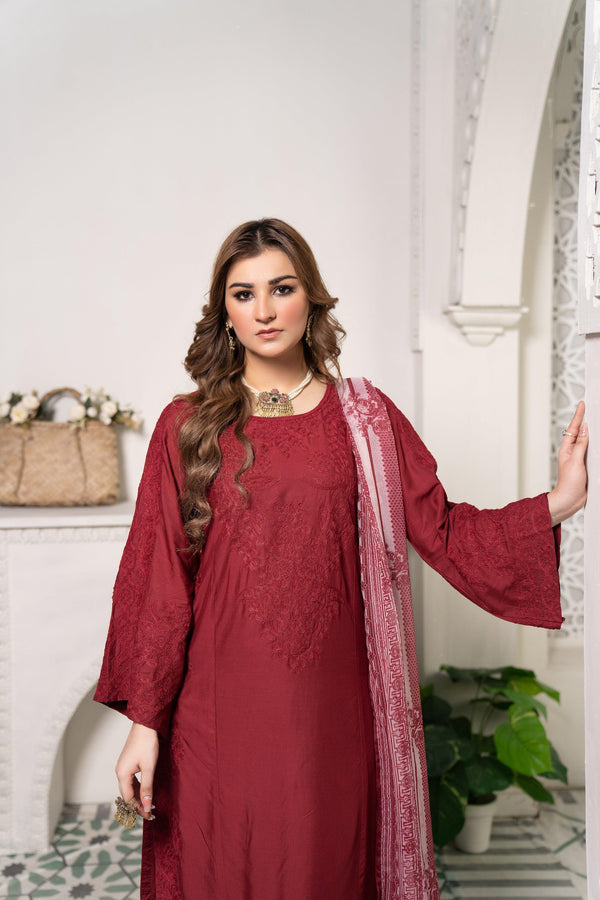 3 Piece Cotton Suit Luxury Pret - AR-3016-Maroon Sheesh - ARFARIWAJ