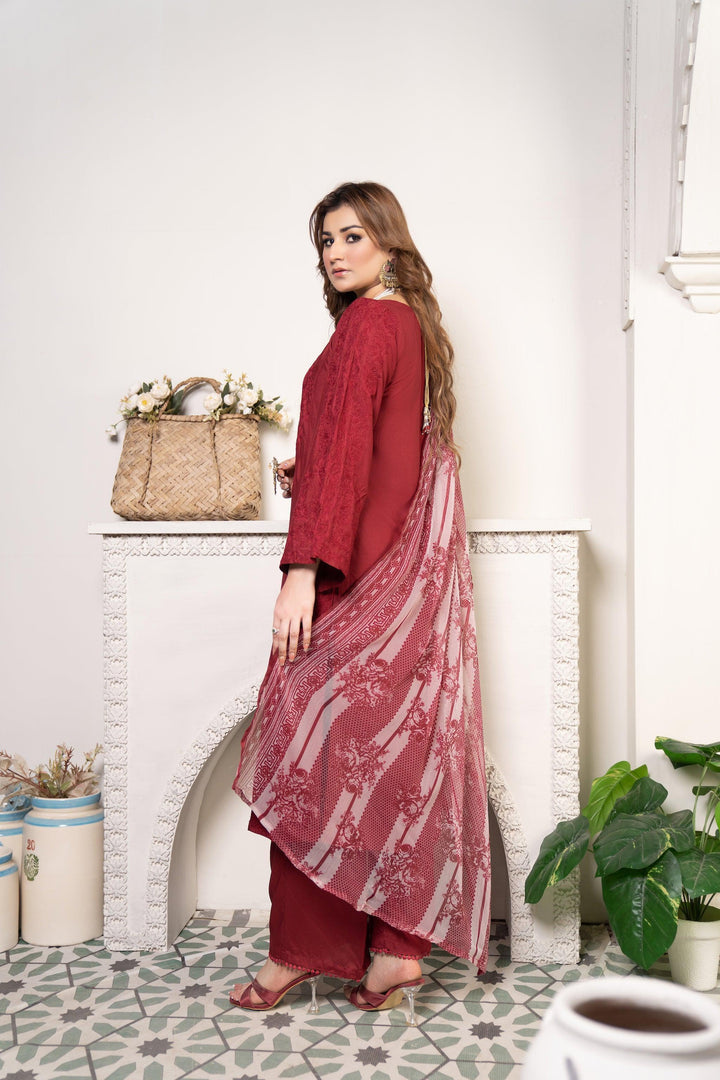 3 Piece Cotton Suit Luxury Pret - AR-3016-Maroon Sheesh - ARFARIWAJ