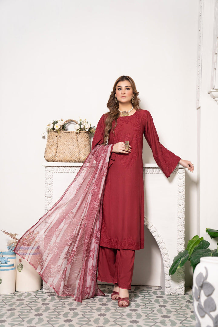 3 Piece Cotton Suit Luxury Pret - AR-3016-Maroon Sheesh - ARFARIWAJ