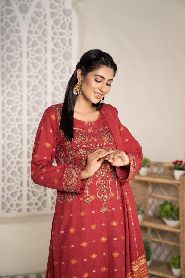 3 Piece Jacquard Khaddar Suit Luxury Pret - AR-3022RED-Mosiquee - ARFARIWAJ