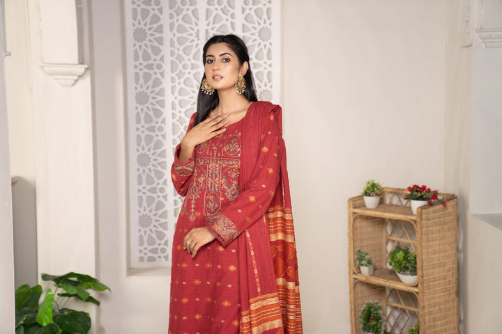 3 Piece Jacquard Khaddar Suit Luxury Pret - AR-3022RED-Mosiquee - ARFARIWAJ