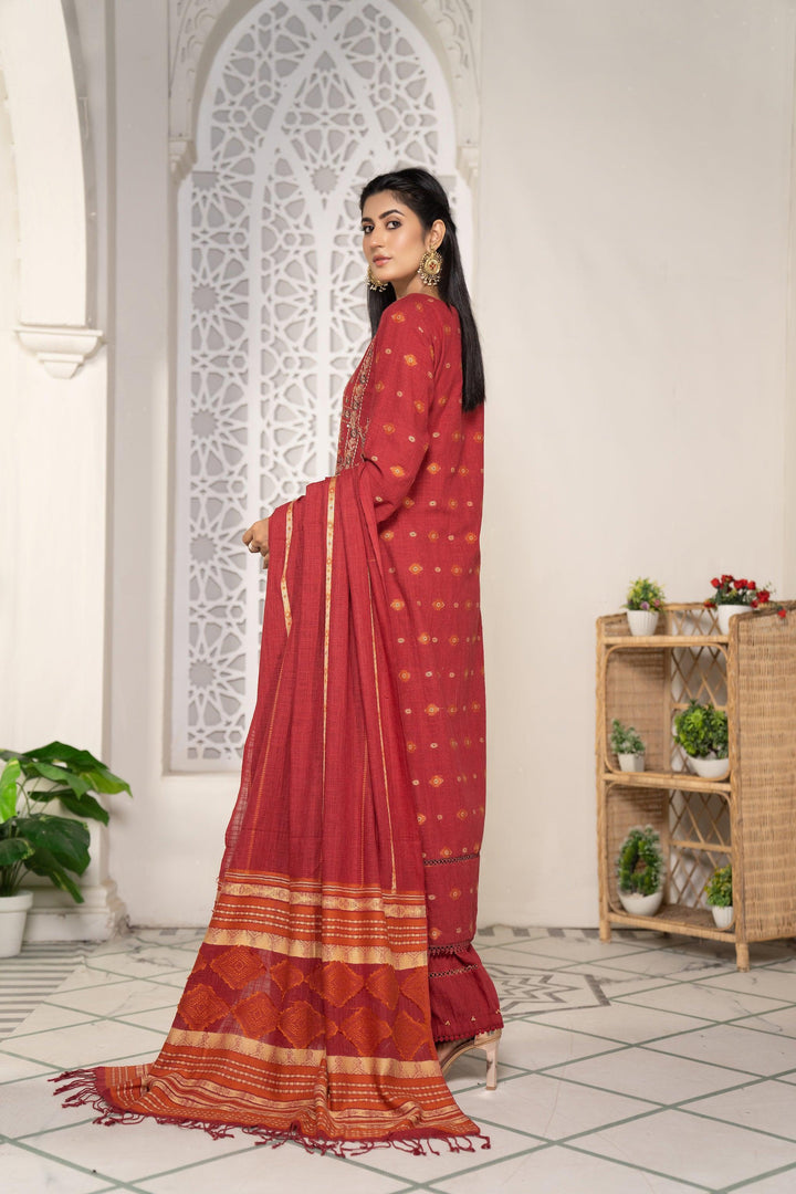 3 Piece Jacquard Khaddar Suit Luxury Pret - AR-3022RED-Mosiquee - ARFARIWAJ